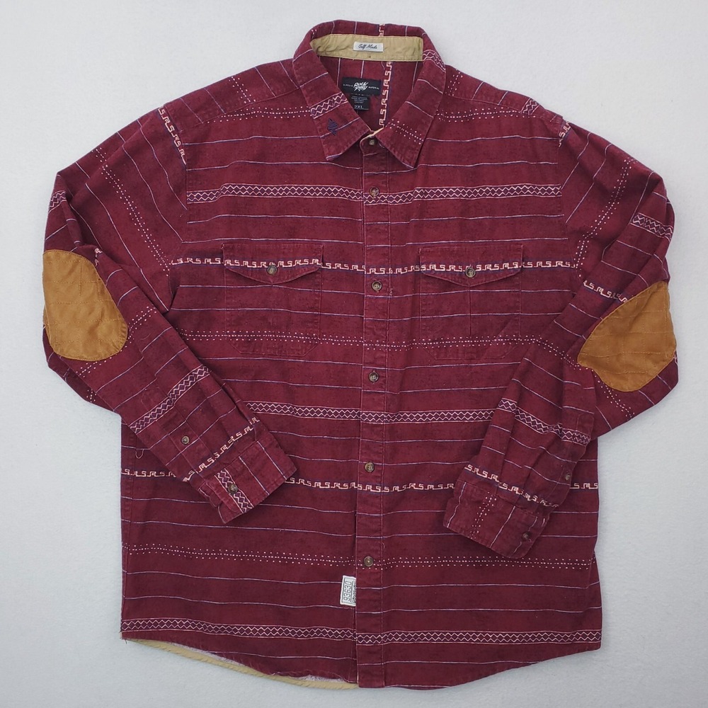 Rock Smith Shirt Men XXL Burgundy Flannel Southwestern Aztec Striped Elbow Patch
